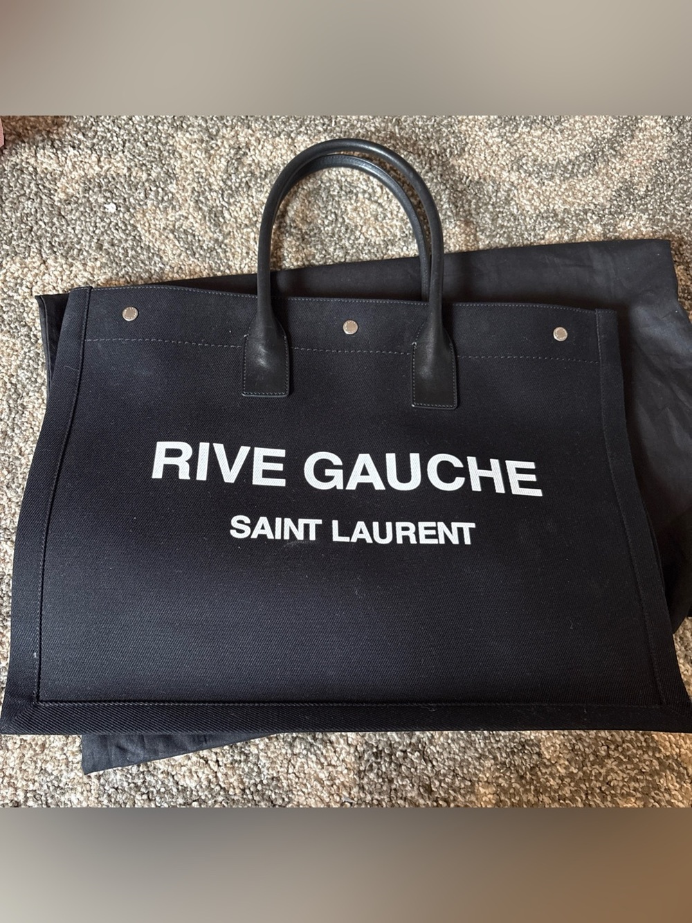 Saint Laurent Black Canvas Rive Gauche Tote with White Logo with dustbga